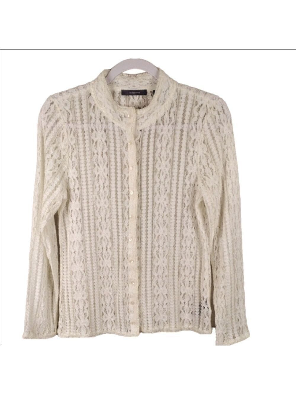 Liz Claiborne Off White Sheer Lace High Collar Long Sleeve Button Front Blouse